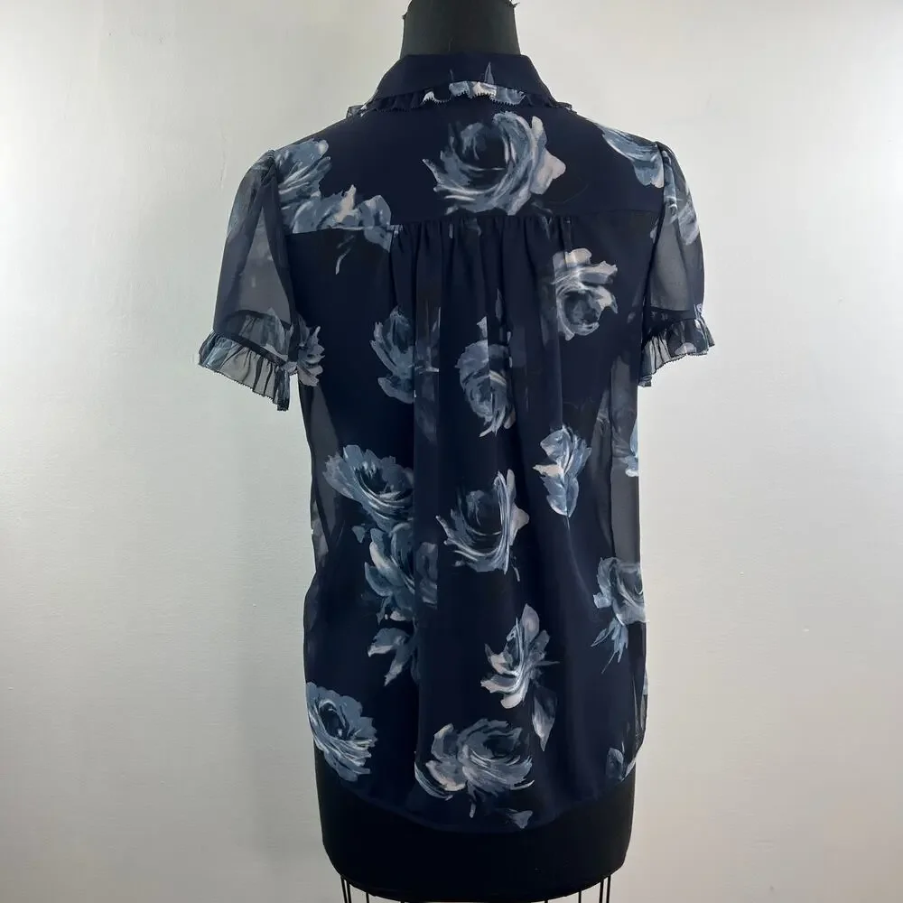 KATE SPADE Black Blue Top Night Rose Collared Ruffle Sleeve Button-Up Size Small